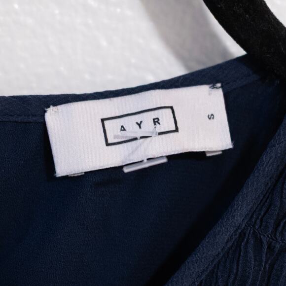 AYR Something Special Dress Navy Blue Silk Cotton Midi Smocked Drop Waist SZ S - Picture 6 of 7